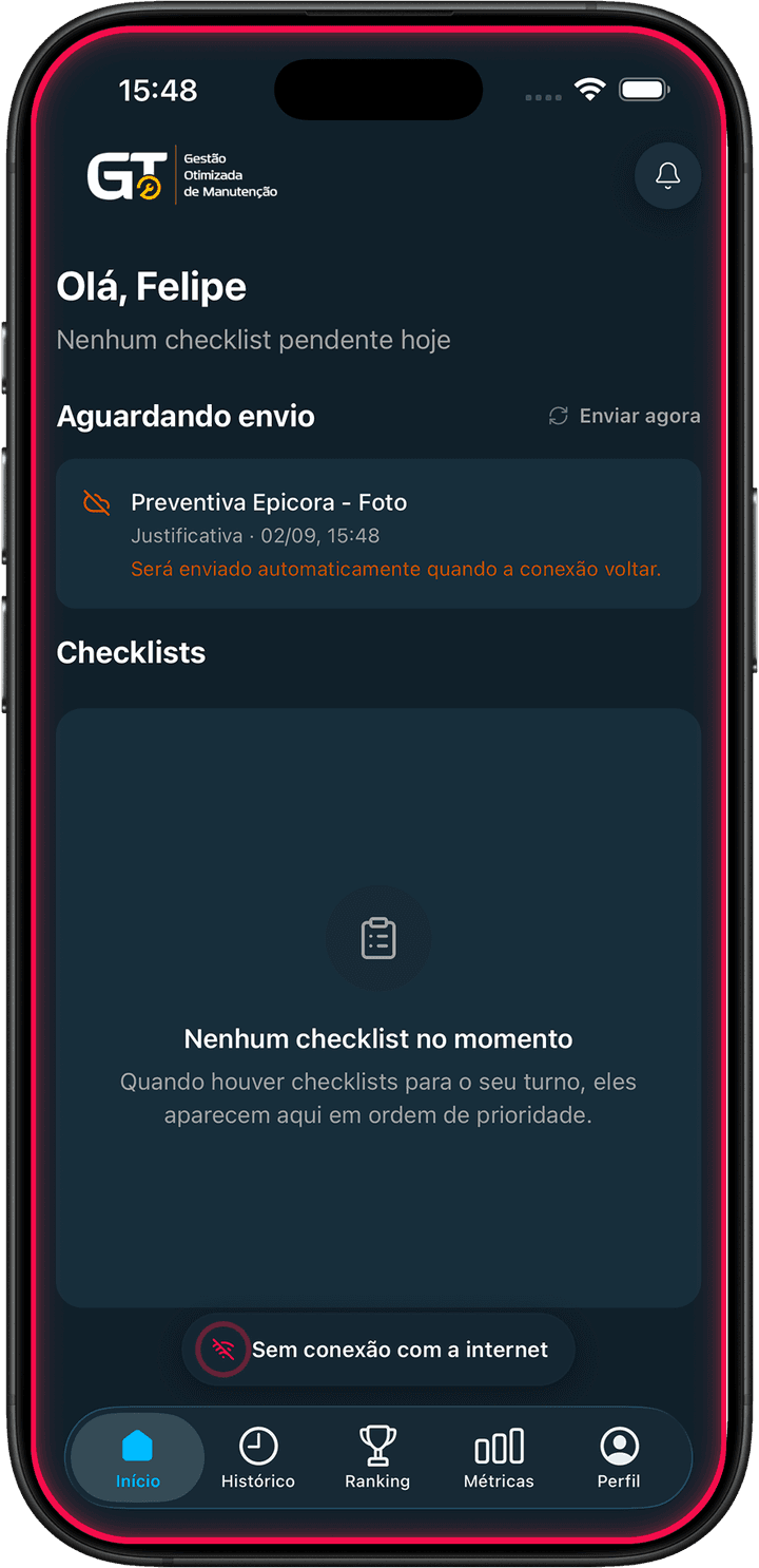 Tela inicial do aplicativo do operador, com aviso de envio pendente sem conexão