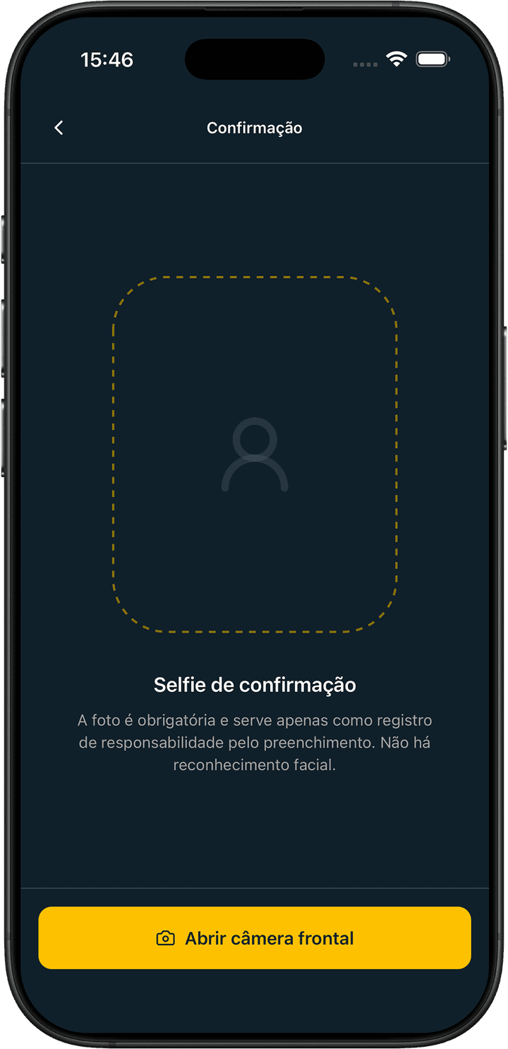 Tela de selfie de confirmação do aplicativo do operador, com o aviso de que não há reconhecimento facial
